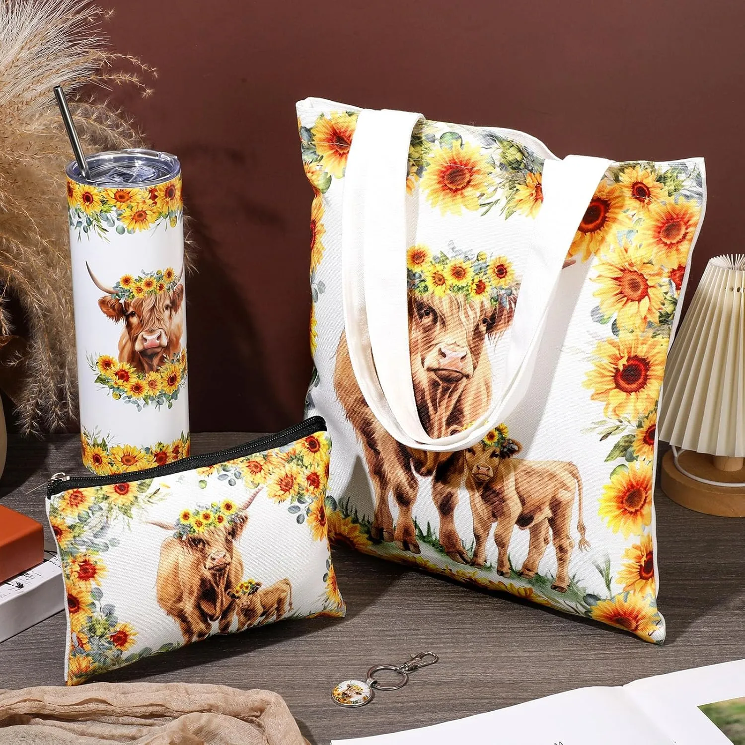 Abbylike 4 Pcs Highland Cow Animal Lover Gifts: Stainless Steel Tumbler with Straw Lid, Metal Keychain, Canvas Tote Bag, Cosmetic Bag for Christmas, Birthday