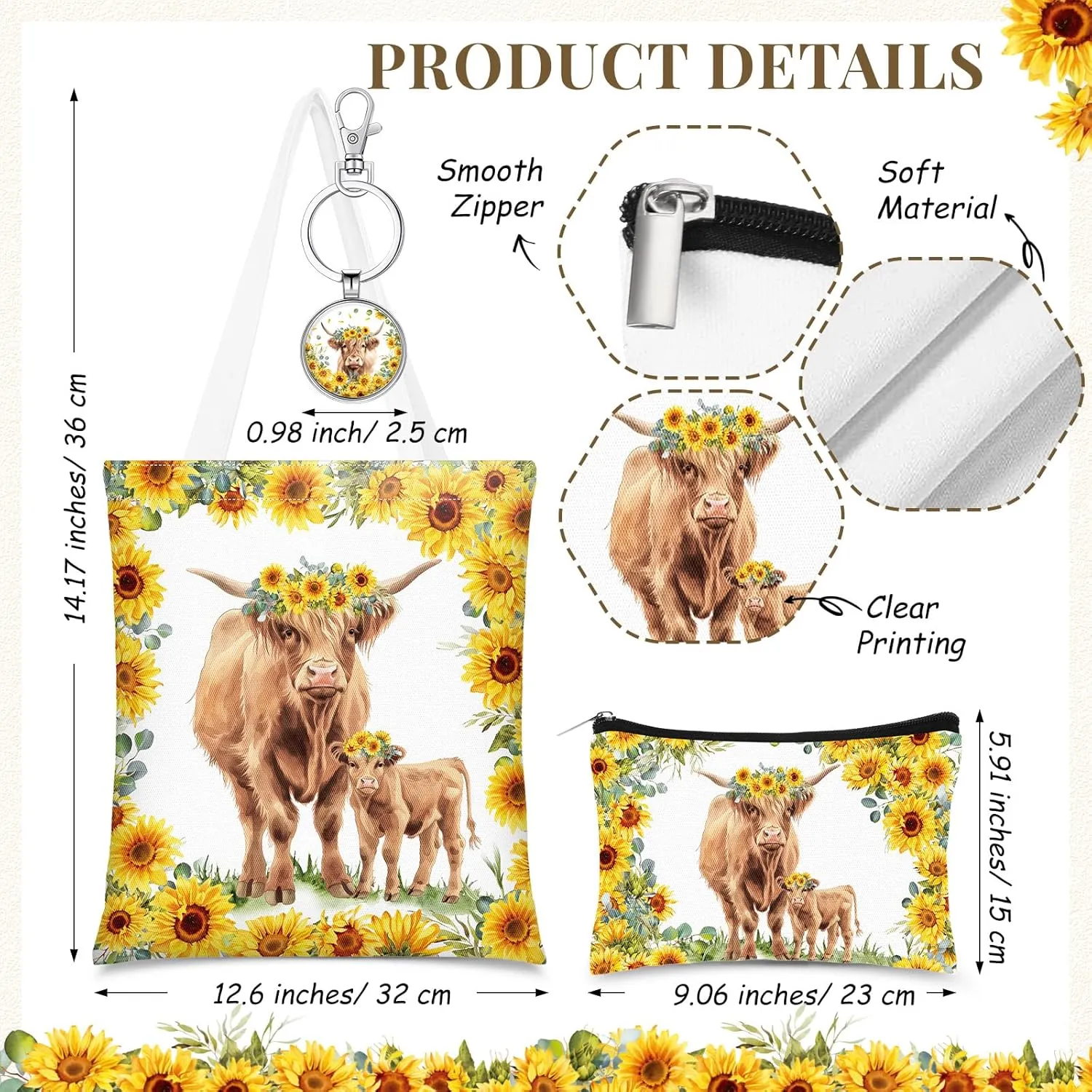 Abbylike 4 Pcs Highland Cow Animal Lover Gifts: Stainless Steel Tumbler with Straw Lid, Metal Keychain, Canvas Tote Bag, Cosmetic Bag for Christmas, Birthday