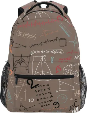 Acpiggto Backpack Daypack Shoulder Bag with Name Label Tag Brown Math Formula Mathematical Education Doodle Rucksack Bookbag Laptop Compartment