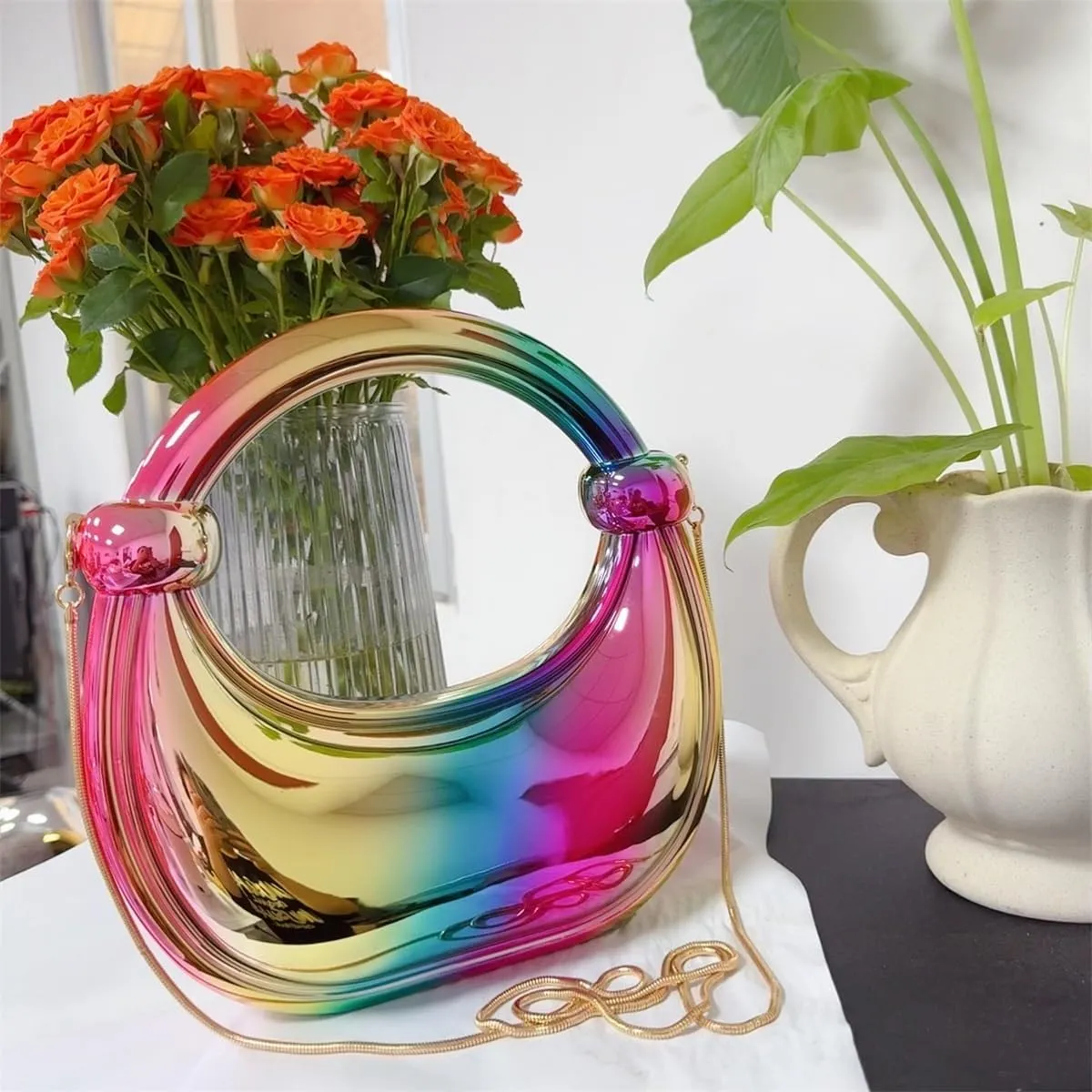 Acrylic Evening Clutch Purse Top-handle Moon Hobo Bag, Elegant Marble Handbag for Wedding Cocktail Party