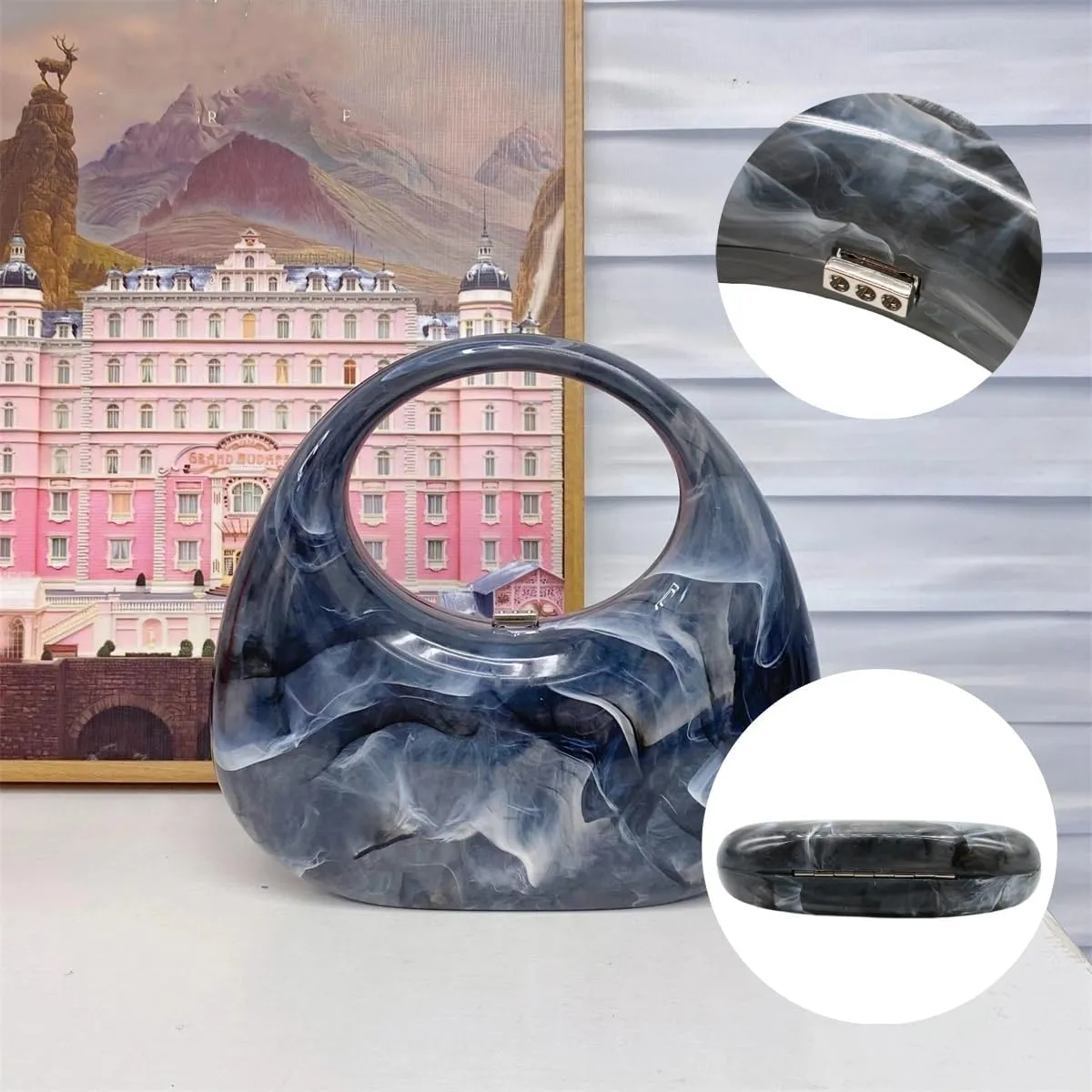 Acrylic Evening Clutch Purse Top-handle Moon Hobo Bag, Elegant Marble Handbag for Wedding Cocktail Party