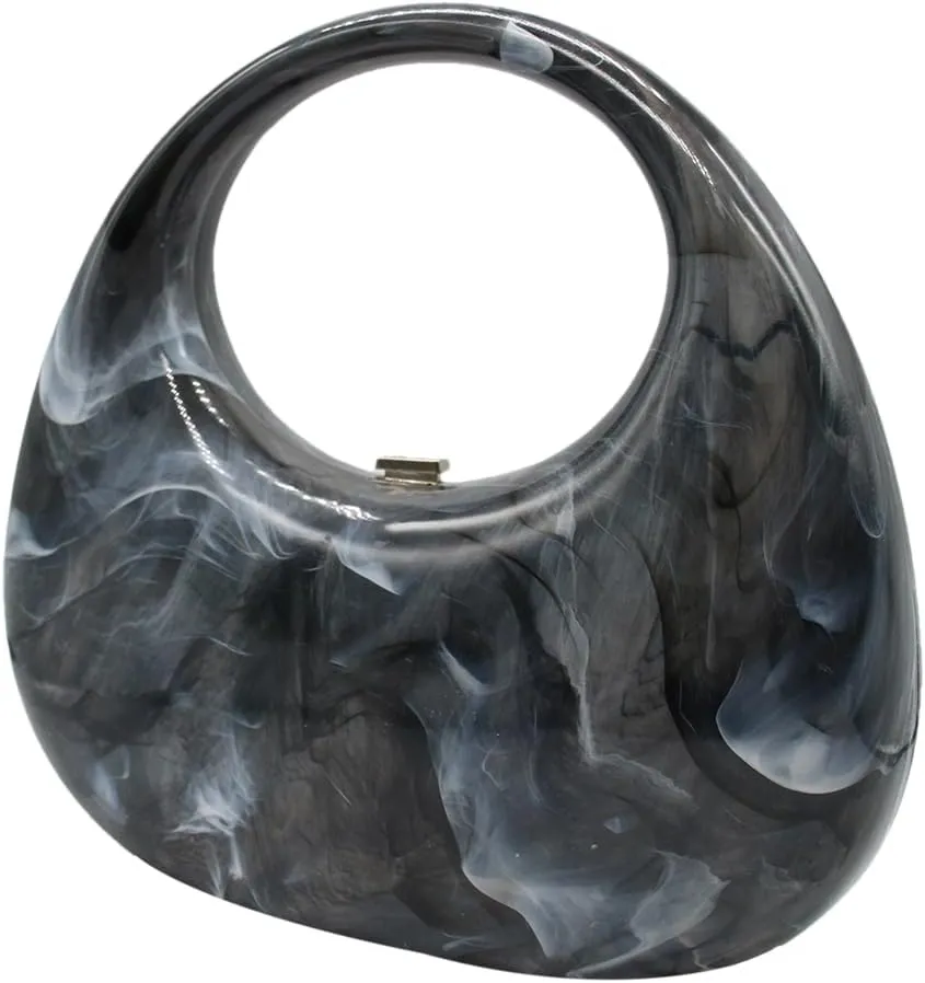 Acrylic Evening Clutch Purse Top-handle Moon Hobo Bag, Elegant Marble Handbag for Wedding Cocktail Party