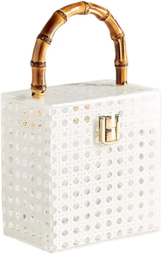 Acrylic Rattan Clutch Purse for Women Woven Evening Bag Square Box Top Handle Handbag Summer Beach Purse