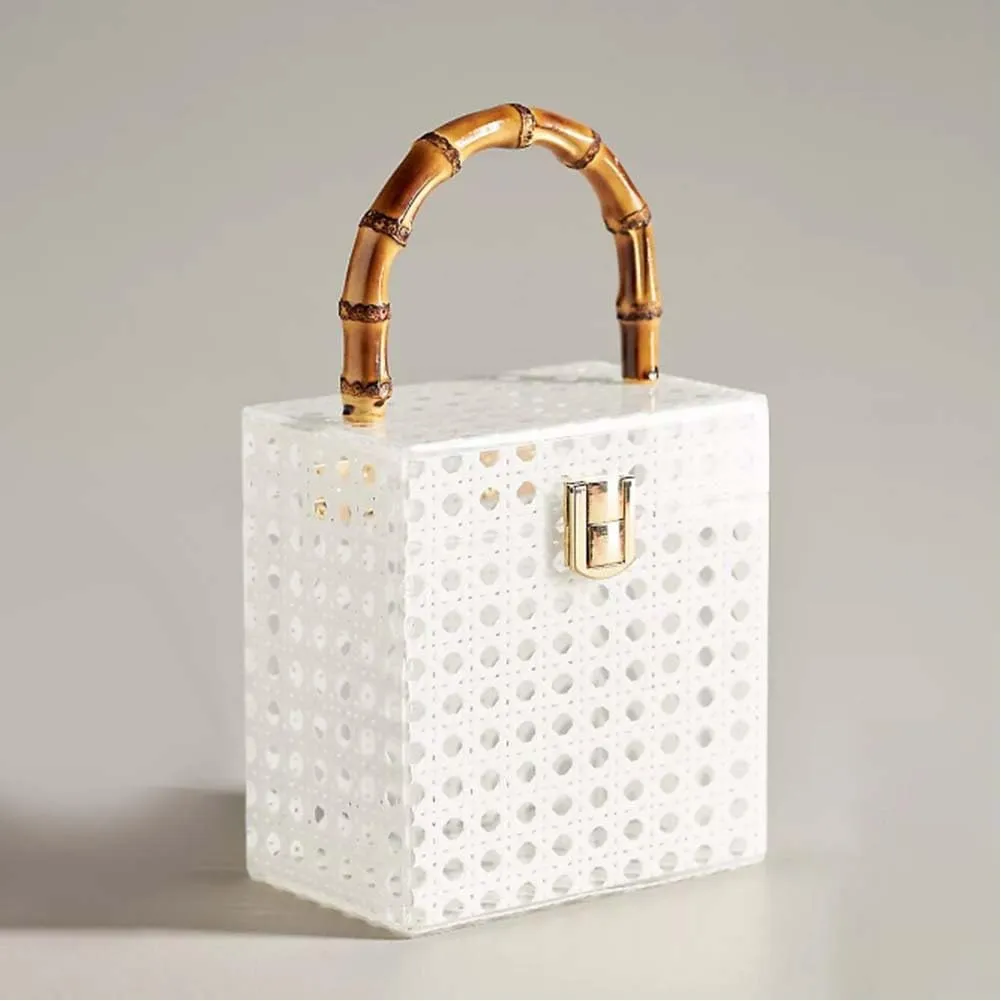 Acrylic Rattan Clutch Purse for Women Woven Evening Bag Square Box Top Handle Handbag Summer Beach Purse