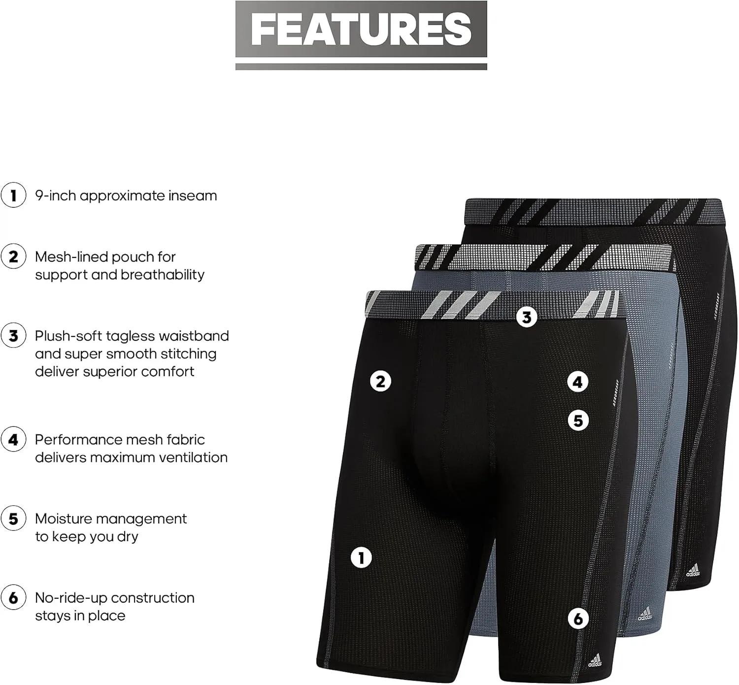 adidas Men's Sport Performance Mesh Long Boxer Brief Underwear (3-Pack)