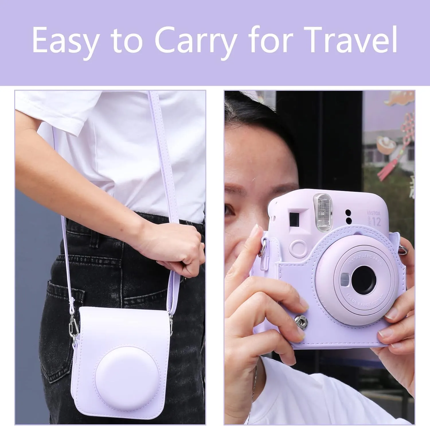 Aenllosi PU Leather Protective Case for Fujifilm Instax Mini 12/11 Instant Film Camera Travel Case,with Pocket and Adjustable Shoulder Strap(Lilac Purple,Case Only)