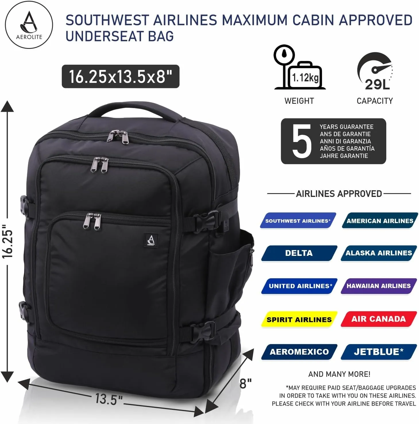 Aerolite 16.25x13.5x8” Southwest Airlines Maximum Size Backpack Eco-Friendly Cabin Luggage Approved Travel Carry On Holdall Lightweight Shoulder Bag Flight Rucksack with YKK Zippers 5 Year Warranty