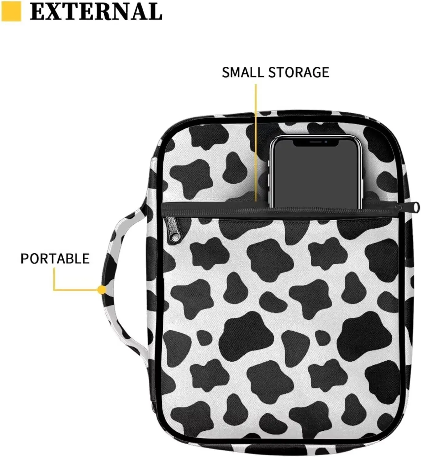 AFPANQZ Classic Cow Print Bible Bag Bible Cover with Front Zipper Pockets Bible Book Case Covers Portable Carrying Organizers Bible Bag Tote Bag for Standard Size Bible