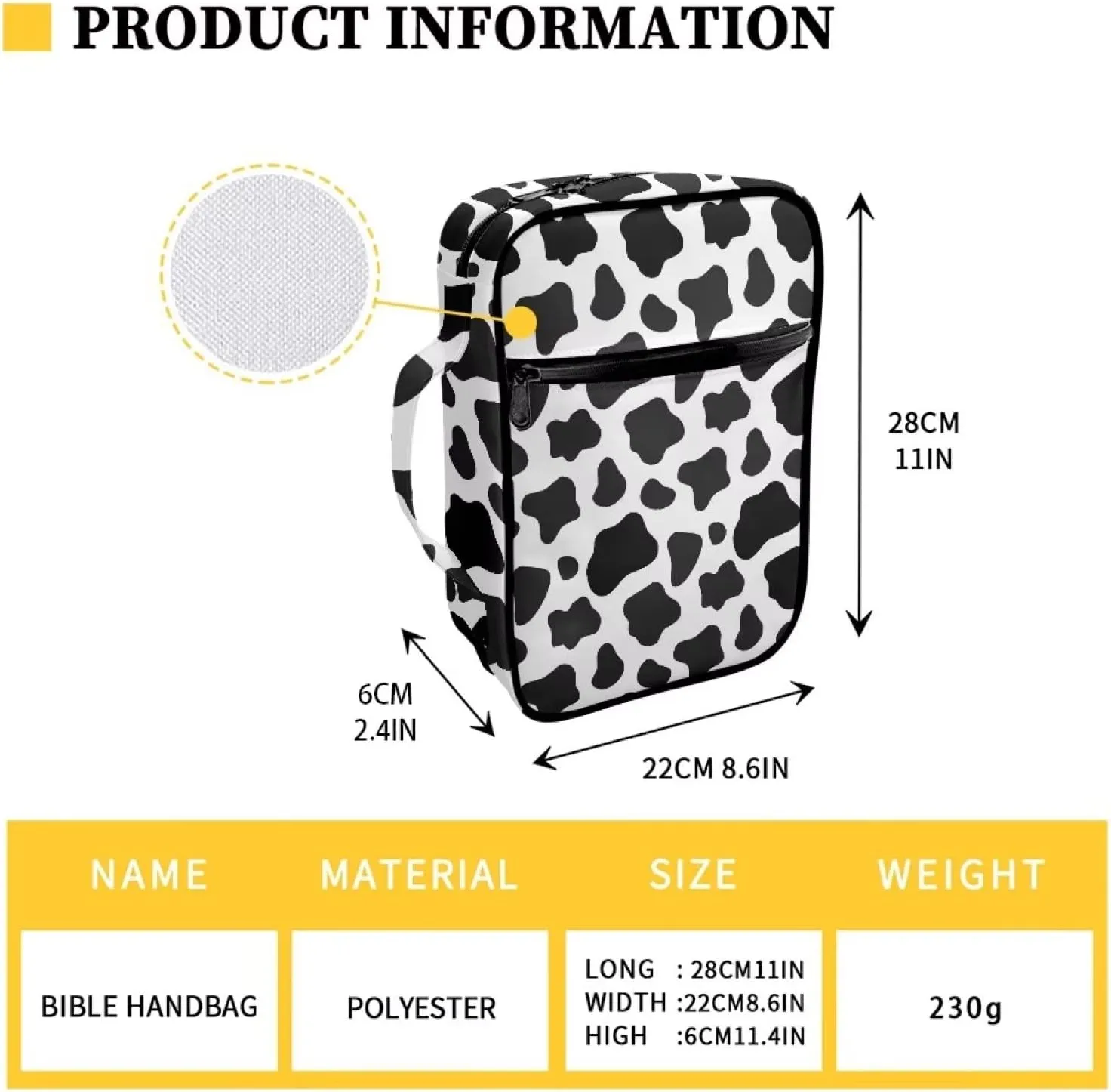 AFPANQZ Classic Cow Print Bible Bag Bible Cover with Front Zipper Pockets Bible Book Case Covers Portable Carrying Organizers Bible Bag Tote Bag for Standard Size Bible