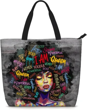 African American Women Tote Bag Black Shoulder Handbag For Women Fit Work Beach Labtops With Zip