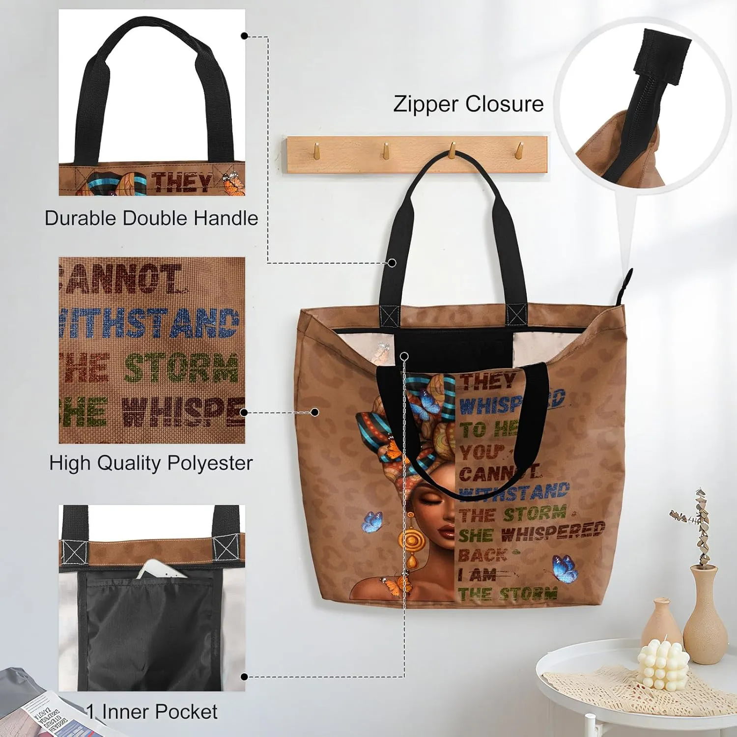 African American Women Tote Bag Black Shoulder Handbag For Women Fit Work Beach Labtops With Zip