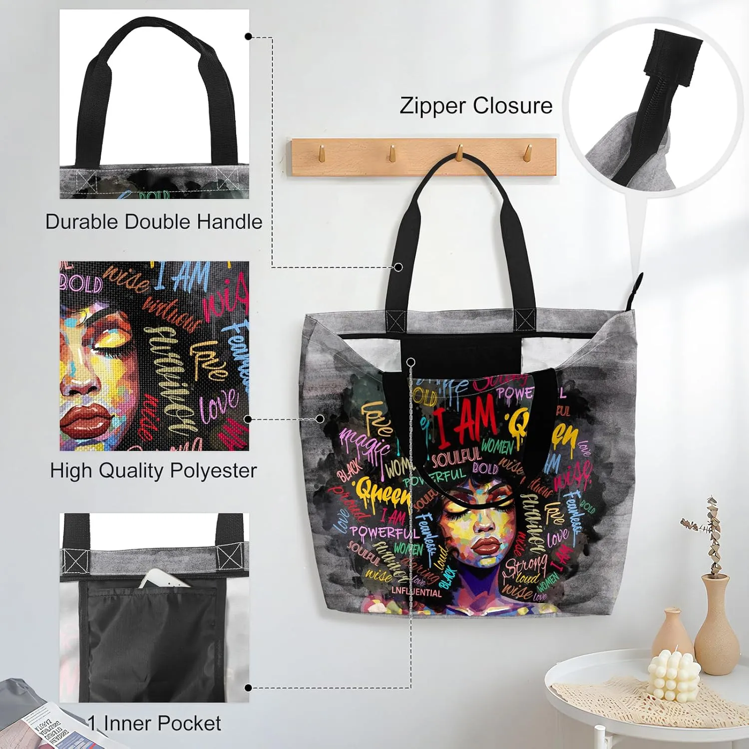 African American Women Tote Bag Black Shoulder Handbag For Women Fit Work Beach Labtops With Zip