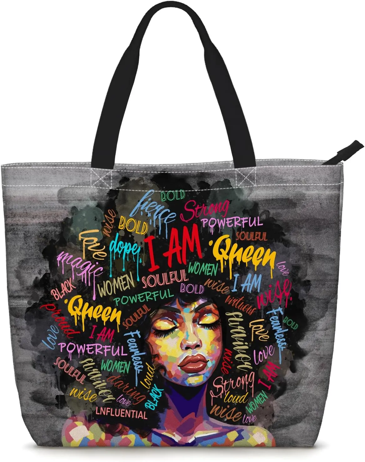 African American Women Tote Bag Black Shoulder Handbag For Women Fit Work Beach Labtops With Zip