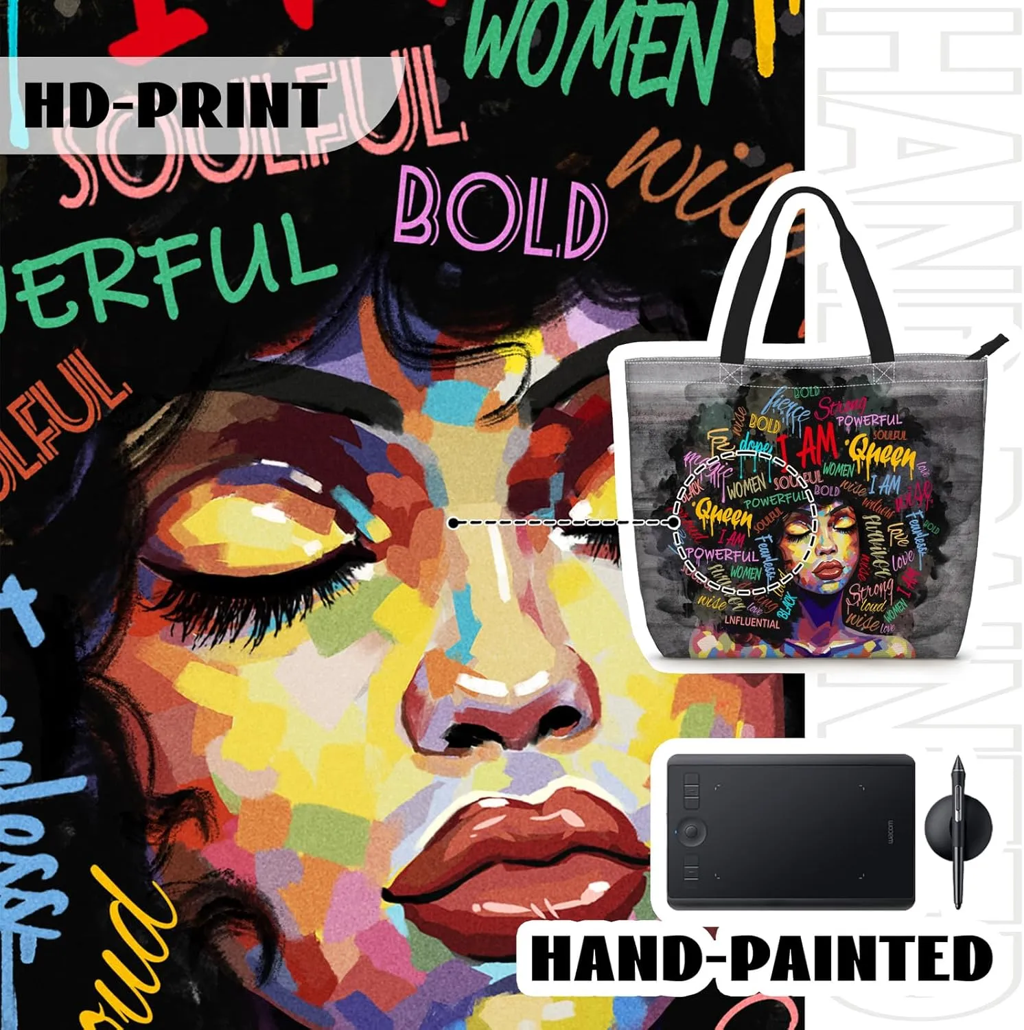 African American Women Tote Bag Black Shoulder Handbag For Women Fit Work Beach Labtops With Zip