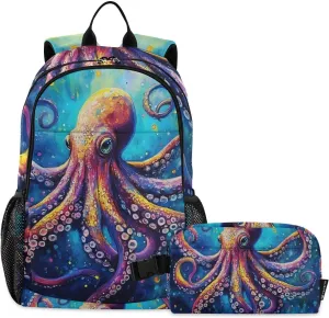 ALAZA Octo Tentacles Blue Ocean Octopus Backpack and Lunch Bag Set for Girls Boys Kids School Bag Bookbags Elementary Back Pack Casual Daypack