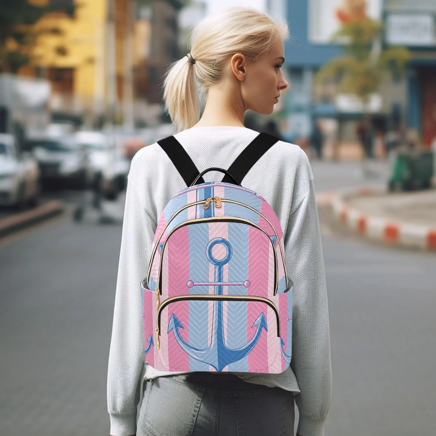ALAZA Small Backpack Purse Spear Blue Stripes Quilted Backpack for Women Teen Girls Fashion Daypack Ladies Bookbag Travel Work Daily Rucksack