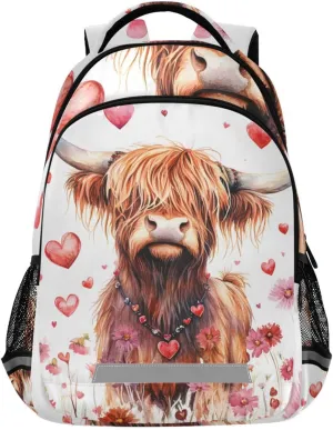 ALAZA Teens School Backpack Watercolor Highland Cow Laptop Backpack with Reflective Strap, Travel Backpack Casual Daypack for Elementary Primary middle Bookbag