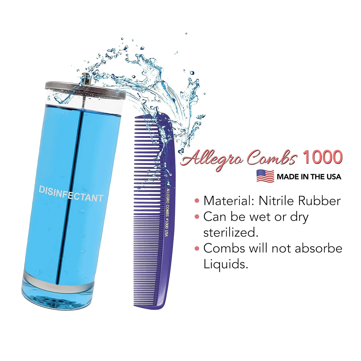 Allegro Combs 1000 X-Large Styling Comb Hair Cutting Barber Stylist Shampoo Combs All Purpose Wide And Fine Tooth Made In The USA 2 Pc. (Purple)