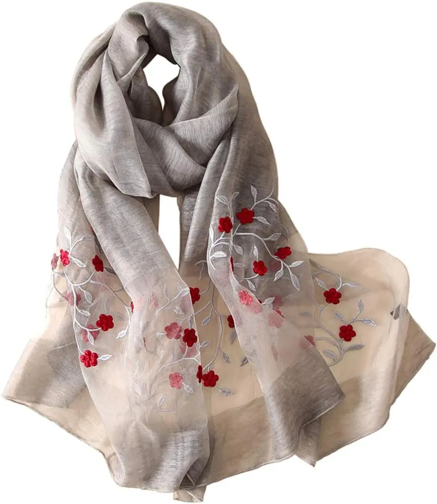 Alysee Women Lovely Silk&Wool Mixed Floral Embroidered Scarf Shawl Wrap