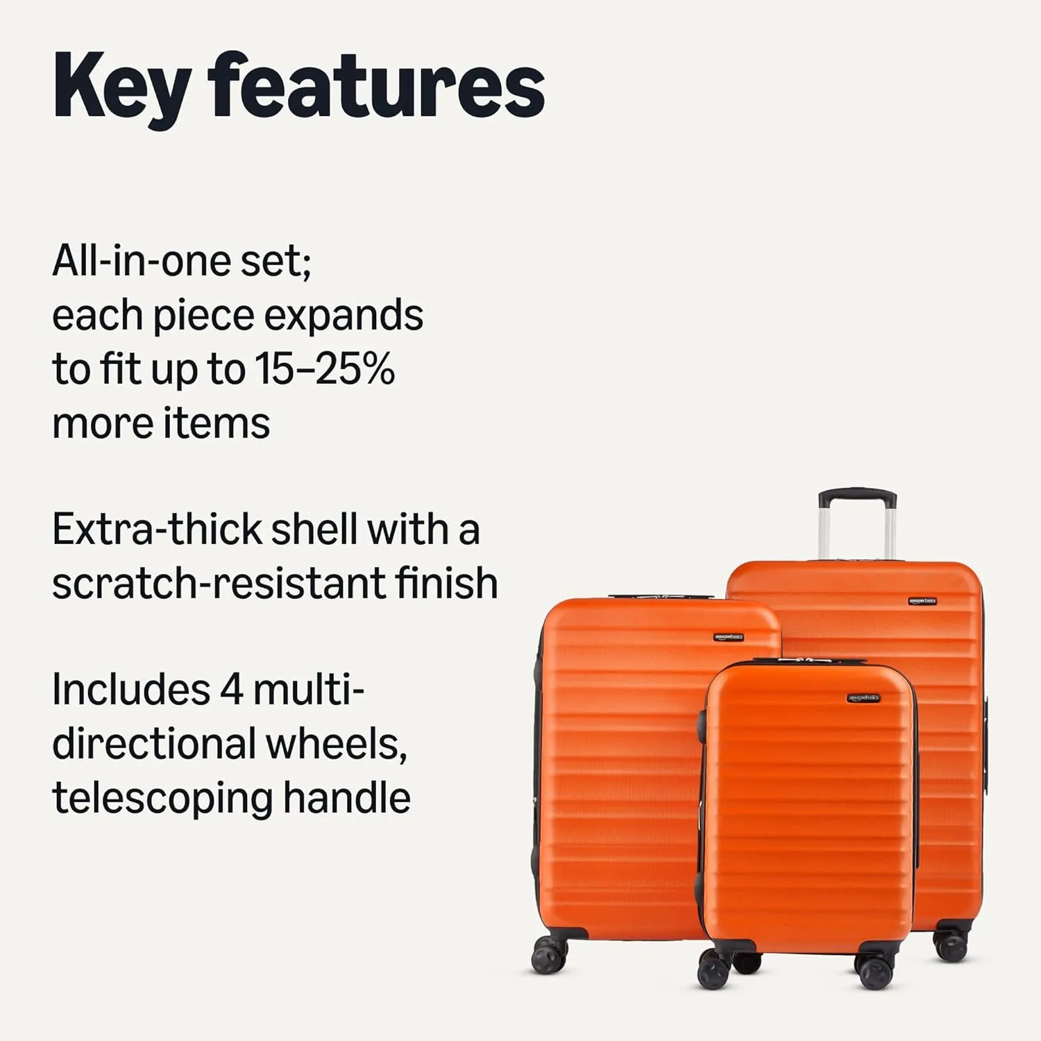 Amazon Basics 3-Piece Set (21", 26", 30"), Hardshell Suitcases With Wheels, Expandable For Up to 25% More Space, With Scratch-Resistant Surface, Four Multi-directional Wheels, Orange