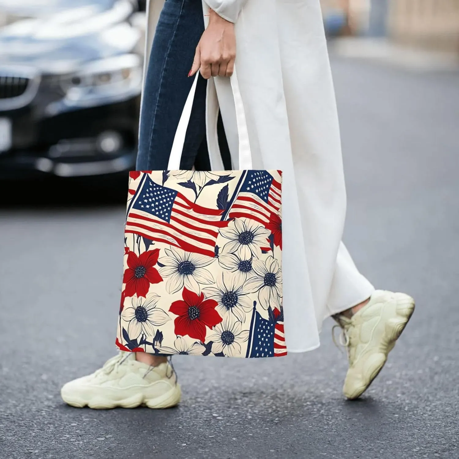American Flag Canvas Tote Bag for Women Reusable Grocery Shoulder Bags Shopping Handbags