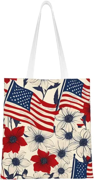 American Flag Canvas Tote Bag for Women Reusable Grocery Shoulder Bags Shopping Handbags