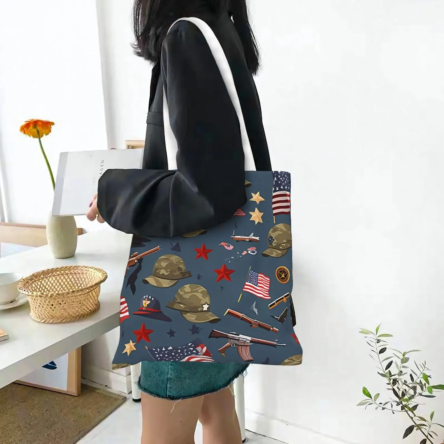 American Flag Canvas Tote Bag for Women Reusable Grocery Shoulder Bags Shopping Handbags
