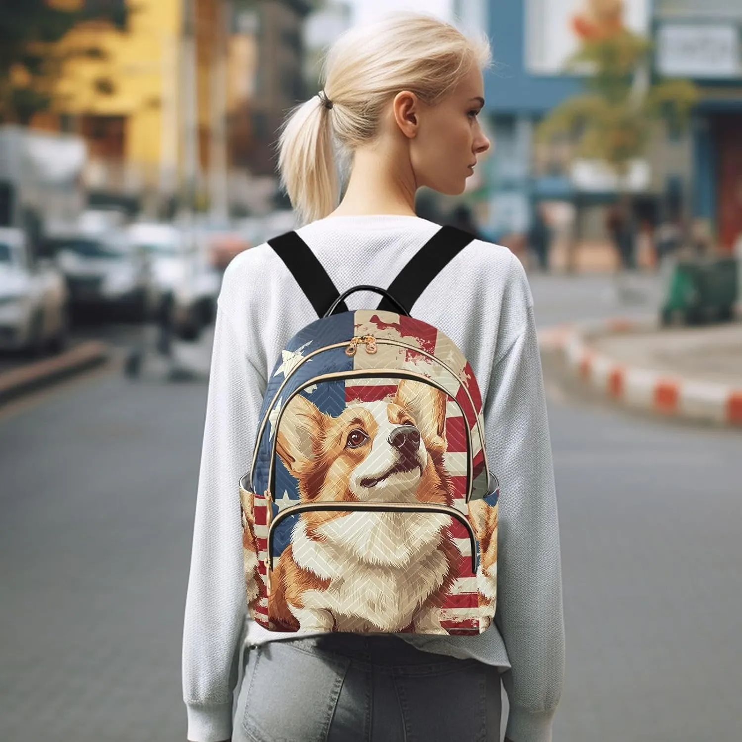 American Flag Corgi Dog Mini Backpack Purse for Women Shoulder Bag Fashion Daypack Ladies Handbag Lightweight Travel Bag Rucksack