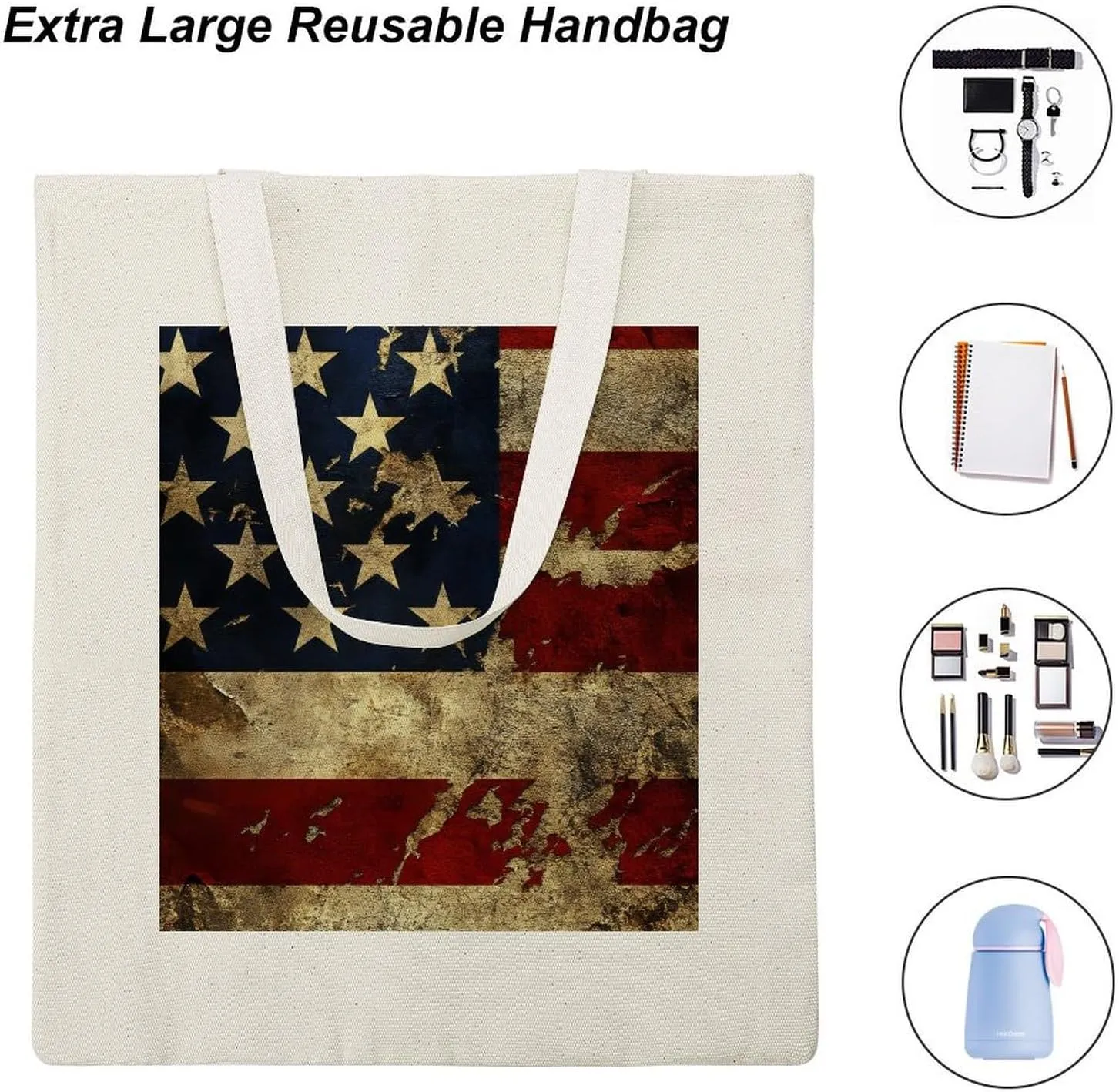 American Flags Canvas Lightweight Tote Bags Casual Handbags Reusable Grocery Shopping Bag 13.4x15.8in