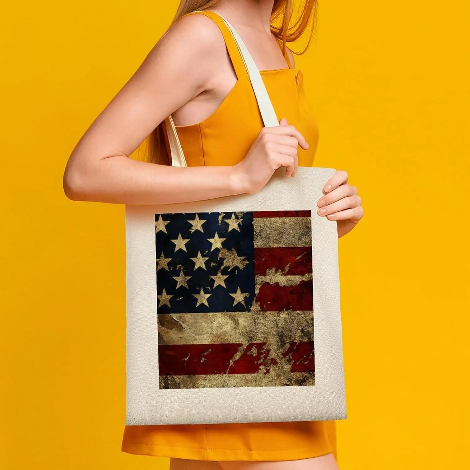 American Flags Canvas Lightweight Tote Bags Casual Handbags Reusable Grocery Shopping Bag 13.4x15.8in