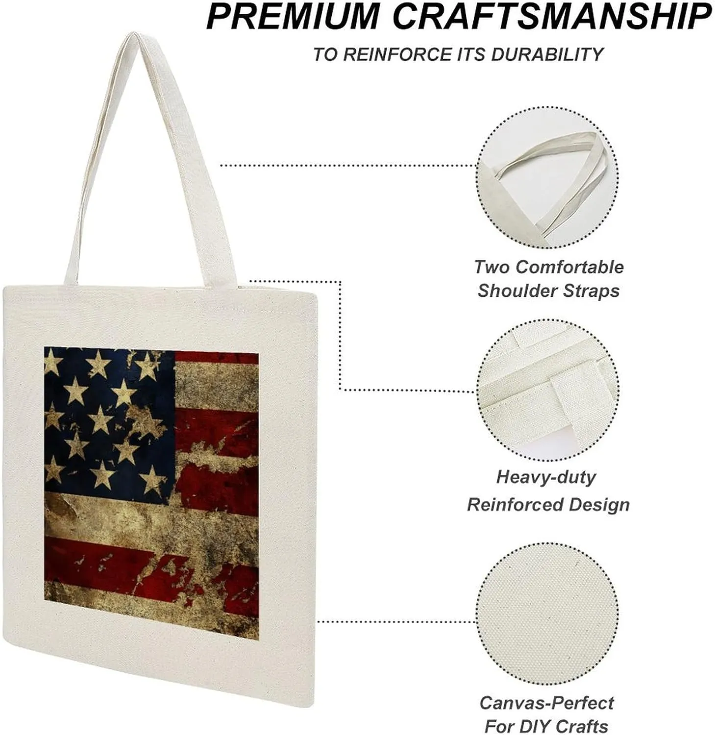 American Flags Canvas Lightweight Tote Bags Casual Handbags Reusable Grocery Shopping Bag 13.4x15.8in