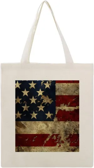 American Flags Canvas Lightweight Tote Bags Casual Handbags Reusable Grocery Shopping Bag 13.4x15.8in