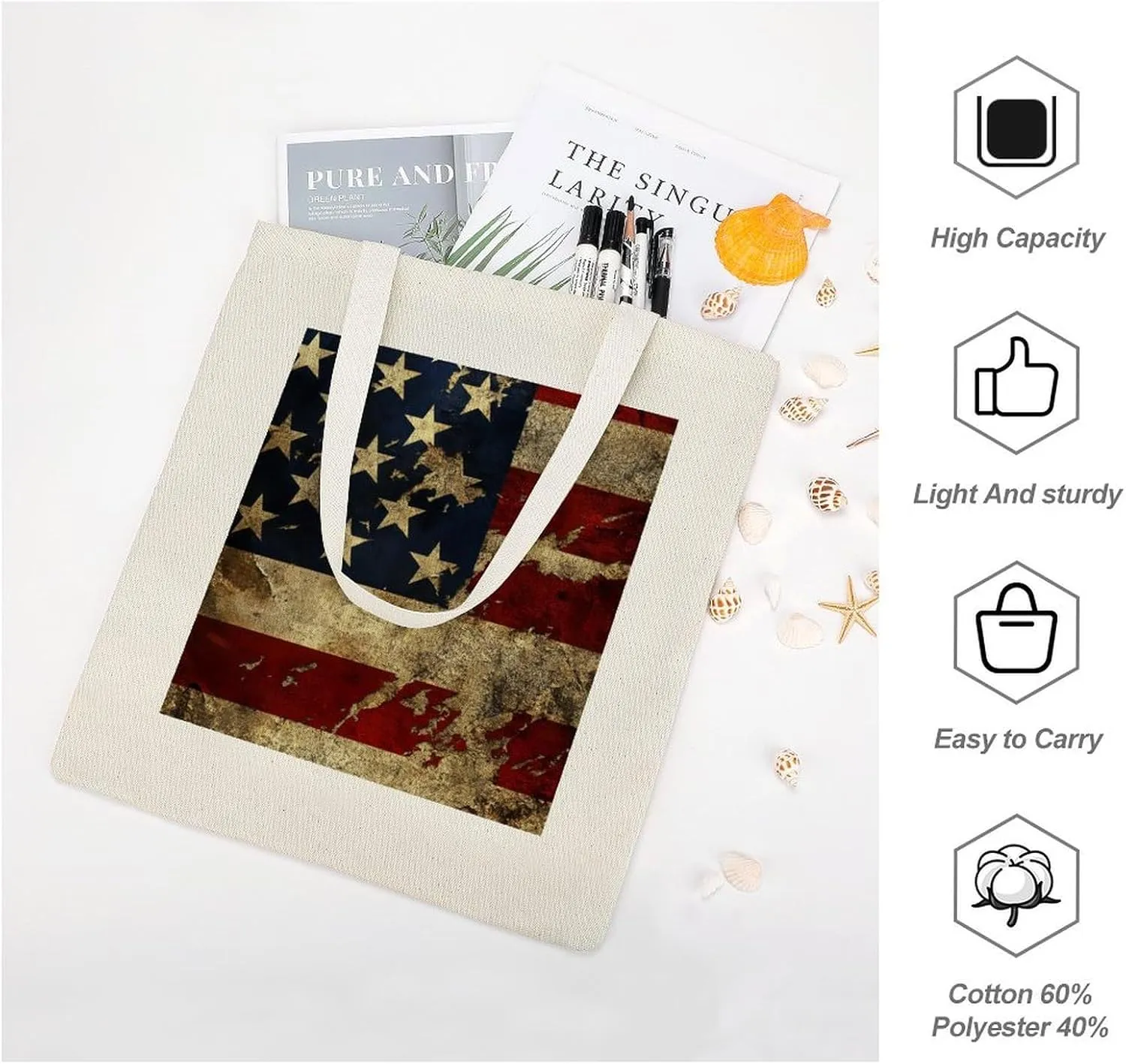 American Flags Canvas Lightweight Tote Bags Casual Handbags Reusable Grocery Shopping Bag 13.4x15.8in