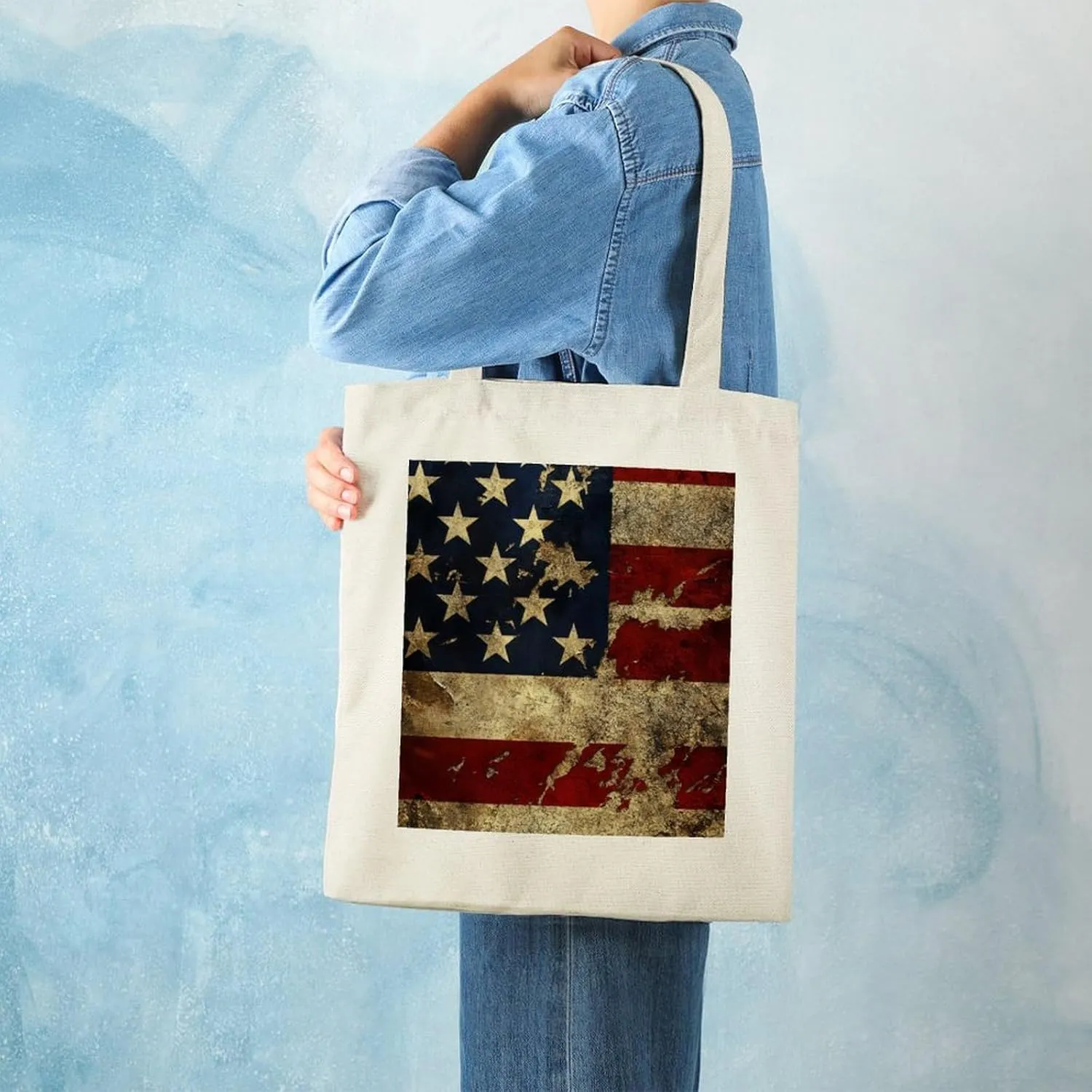 American Flags Canvas Lightweight Tote Bags Casual Handbags Reusable Grocery Shopping Bag 13.4x15.8in