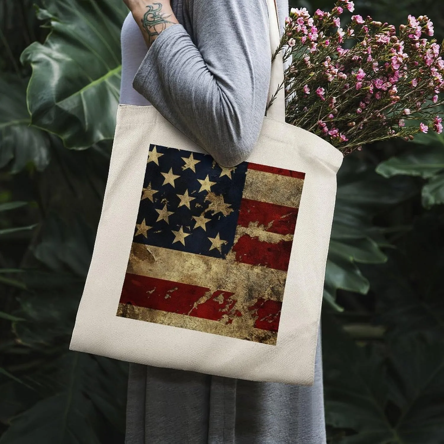 American Flags Canvas Lightweight Tote Bags Casual Handbags Reusable Grocery Shopping Bag 13.4x15.8in