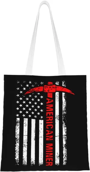 American Miner Patriot Day Flag Tote Bag for Women Canvas Shopping Bags Reusable Large Capacity Casual Shoulder Handbags Grocery Bags DIY Gift Bags