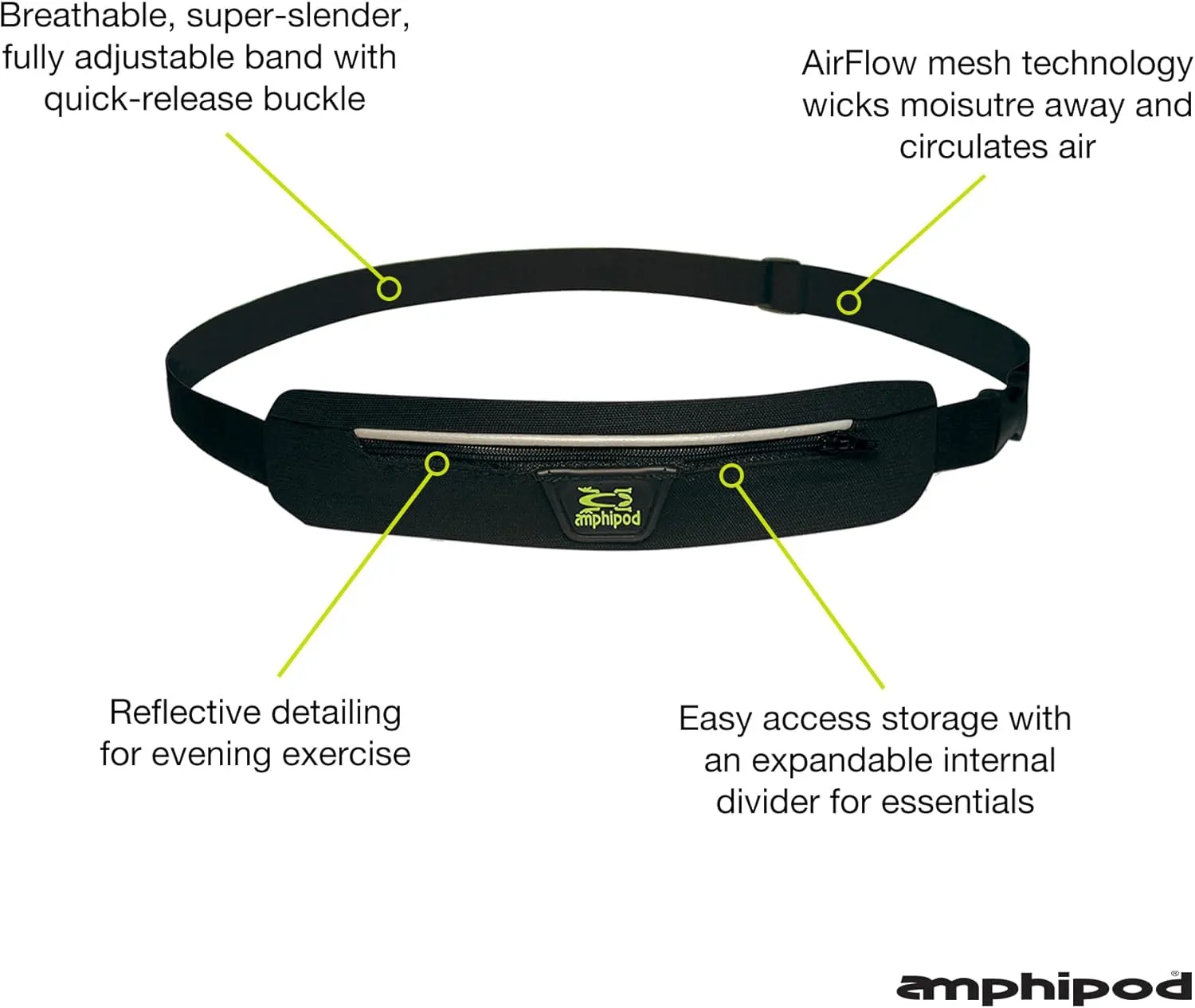 Amphipod AirFlow MicroStretch Belt, Ultra-Light Minimalist Runners Waist Pack Bag for Running, Jogging, Men & Women - Black/Silver - L