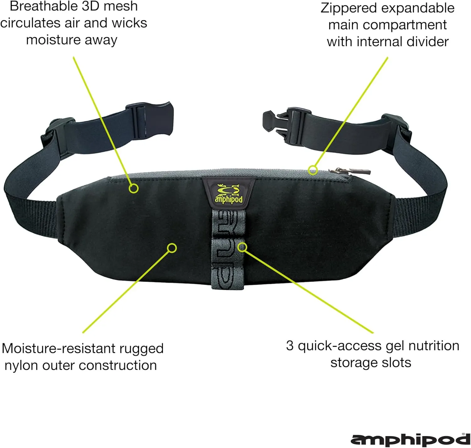 Amphipod AirFlow Trail Pack, Runners Storage Waist Pack Belt for Running & Jogging, Men & Women - Black