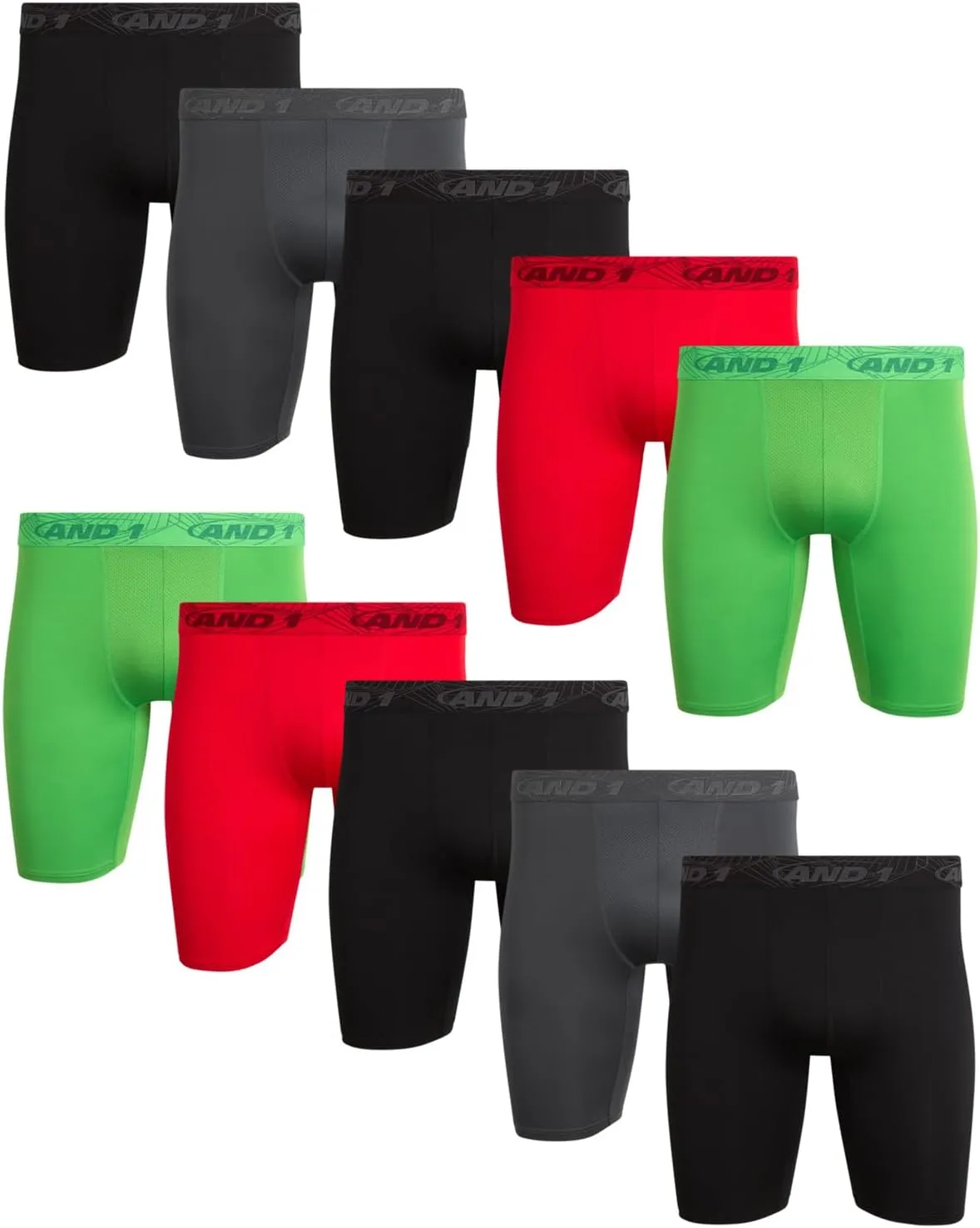AND1 Mens Boxer Briefs - 10 Pack Performance Stretch Mens Underwear Long Leg Boxers for Men with Contour Pouch (Sizes: S-3XL)