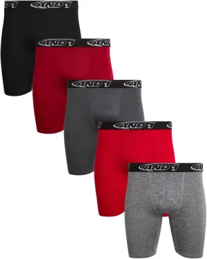 AND1 Mens Boxer Briefs - 5 Pack Performance Stretch Mens Underwear Long Leg Boxers for Men with Contour Pouch (Sizes: S-3XL)