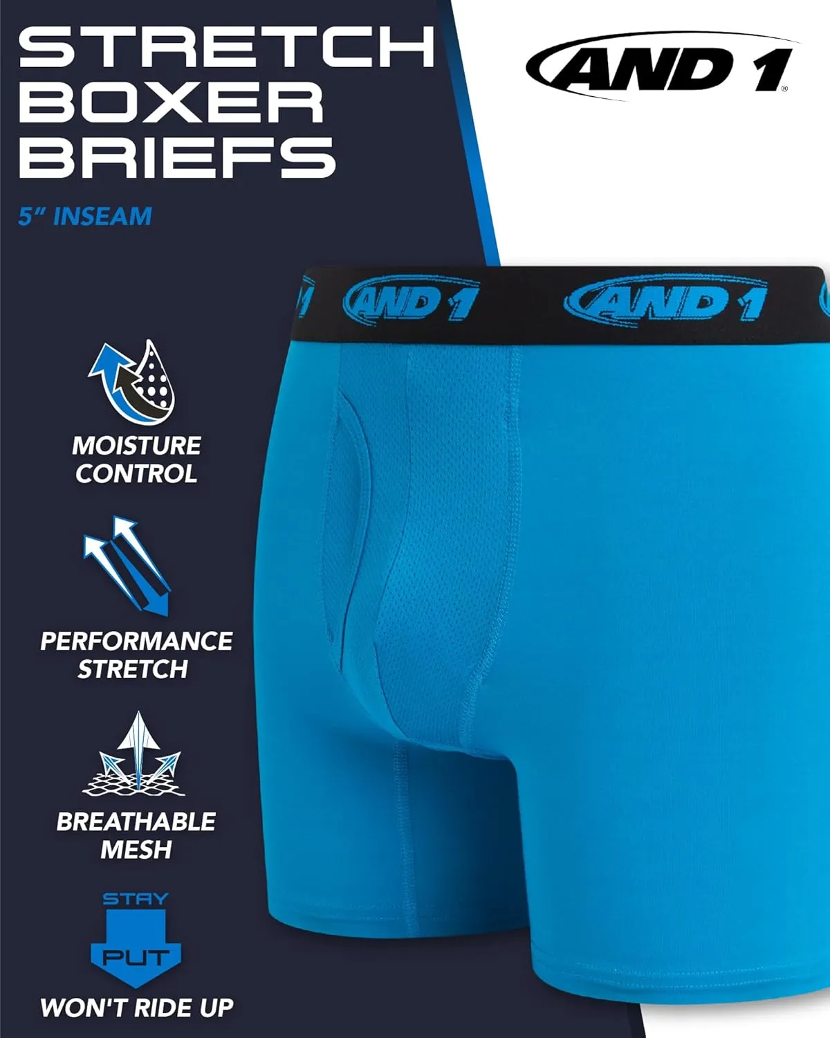 AND1 Mens Boxer Briefs -6 Pack Stretch Compression Underwear with Mesh Contour Pouch -Supportive Fit for Everyday Wear(S-3XL)