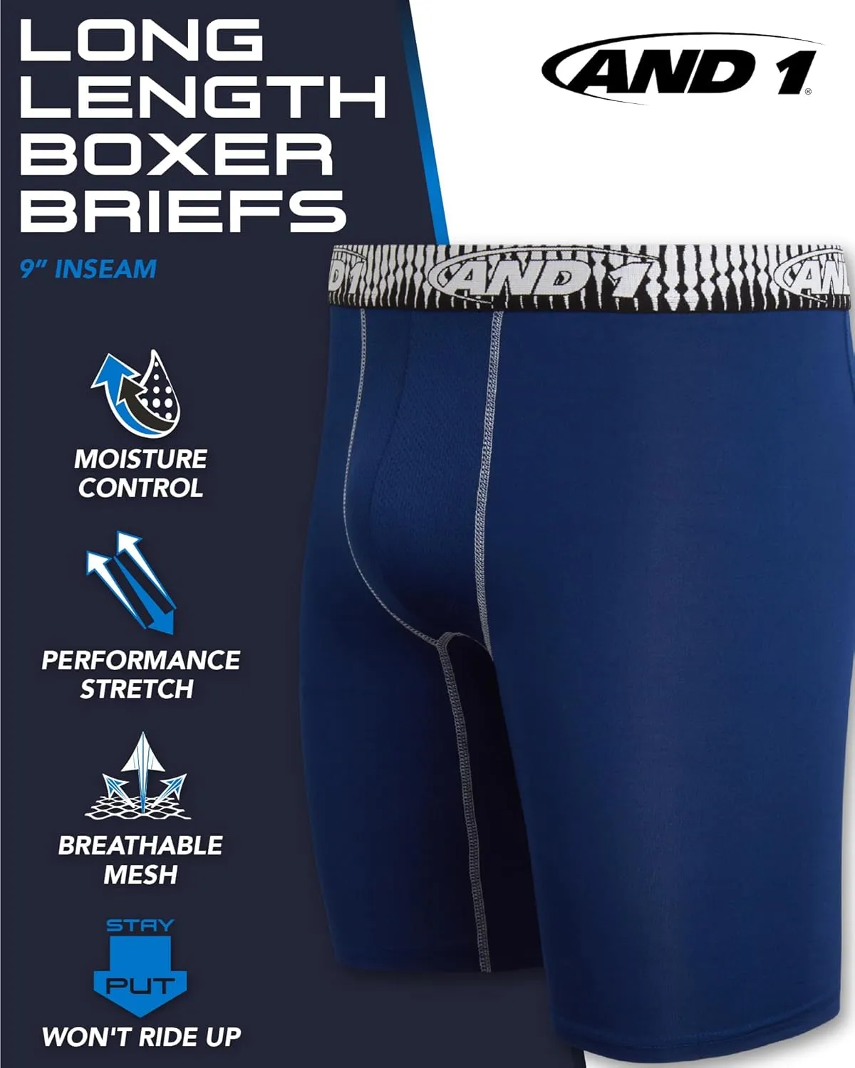AND1 Mens Boxer Briefs-6 Pack Stretch Long Leg Compression Underwear with Mesh Contour Pouch-Supportive Fit for Everyday Wear