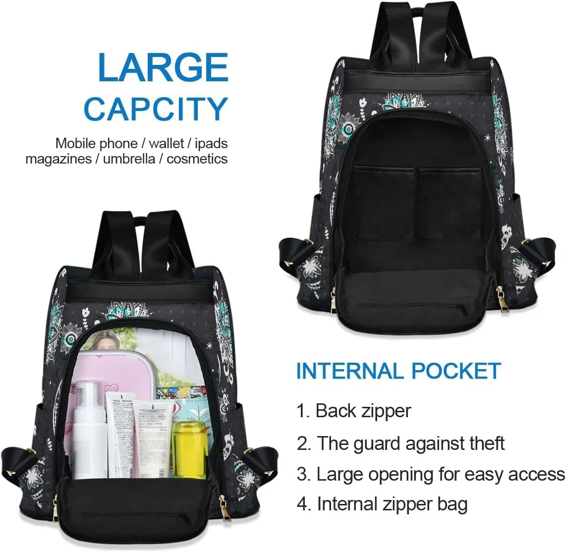 Anti Theft Backpack Ethnic Elephant Mandala Boho Women Large Fashion Travel Shoulder Bag Purse Rucksack Lightweight