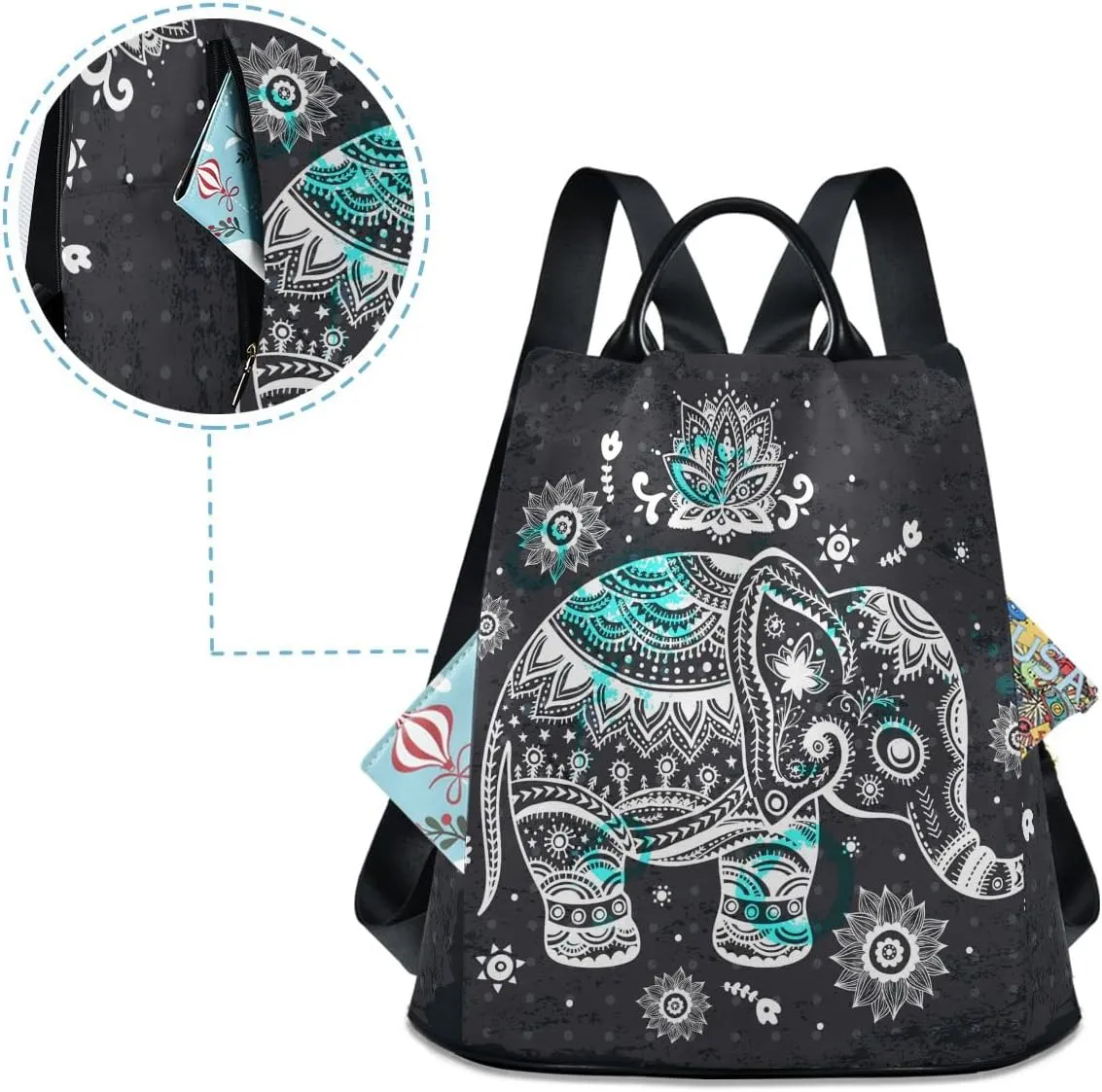 Anti Theft Backpack Ethnic Elephant Mandala Boho Women Large Fashion Travel Shoulder Bag Purse Rucksack Lightweight