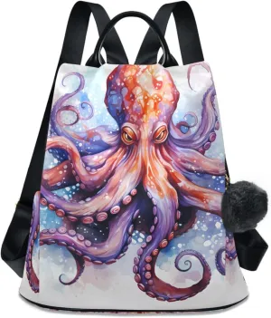 Anti Theft Backpack Octopus Watercolor Women Large Fashion Travel Shoulder Bag Purse Rucksack Lightweight