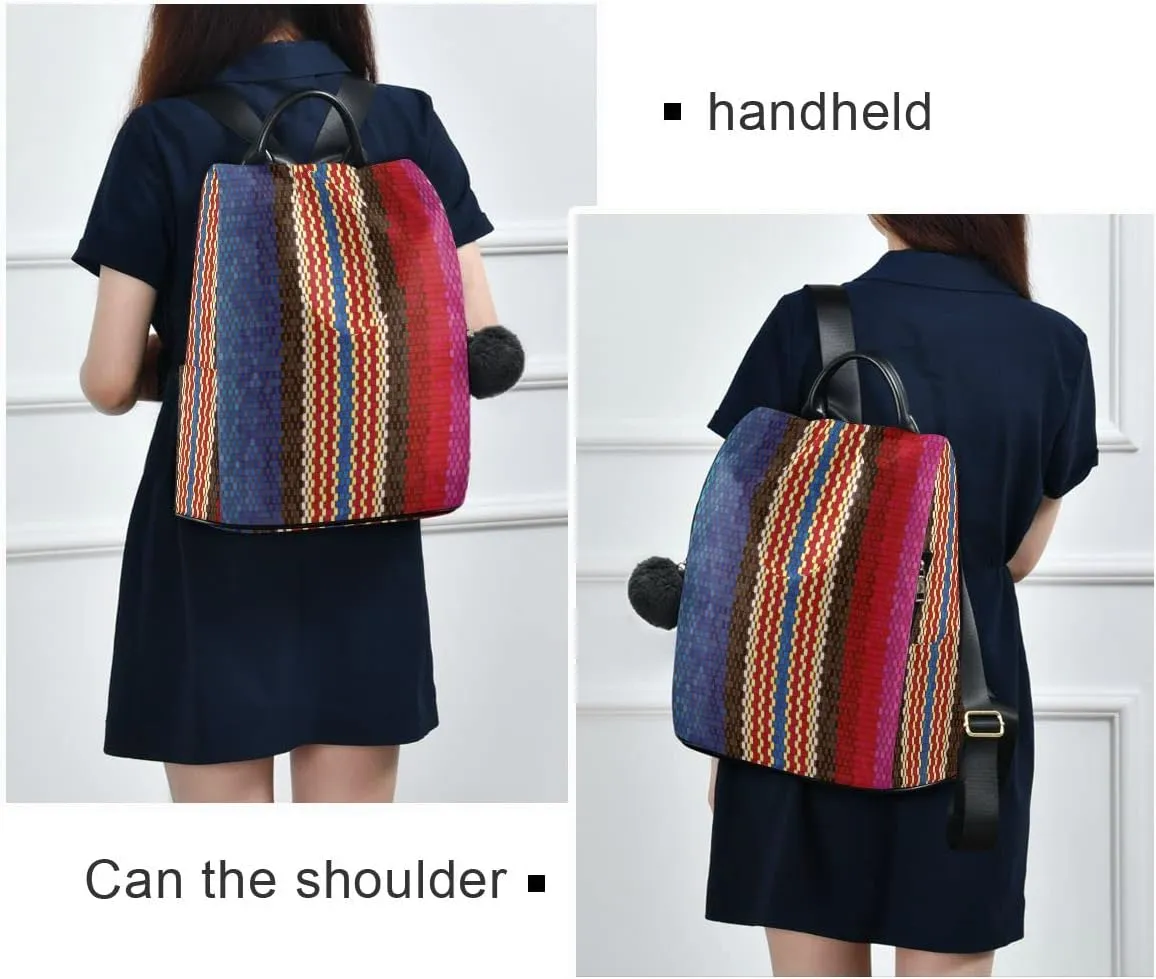 Anti Theft Backpack Vintage Boho Woven Stripes Print Women Large Fashion Travel Shoulder Bag Purse Rucksack Lightweight