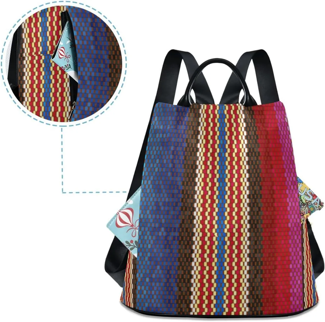 Anti Theft Backpack Vintage Boho Woven Stripes Print Women Large Fashion Travel Shoulder Bag Purse Rucksack Lightweight
