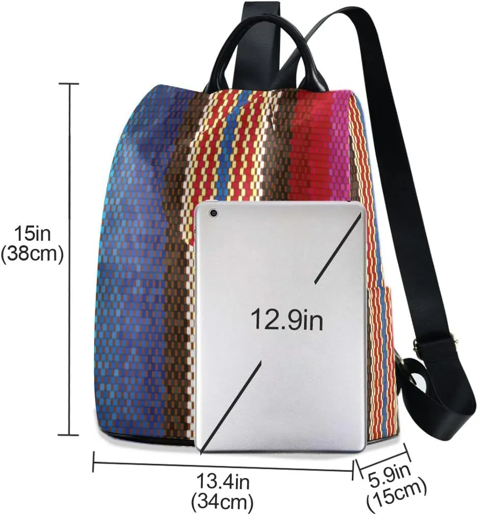 Anti Theft Backpack Vintage Boho Woven Stripes Print Women Large Fashion Travel Shoulder Bag Purse Rucksack Lightweight