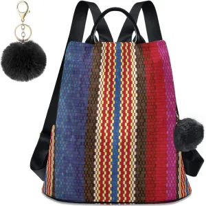 Anti Theft Backpack Vintage Boho Woven Stripes Print Women Large Fashion Travel Shoulder Bag Purse Rucksack Lightweight