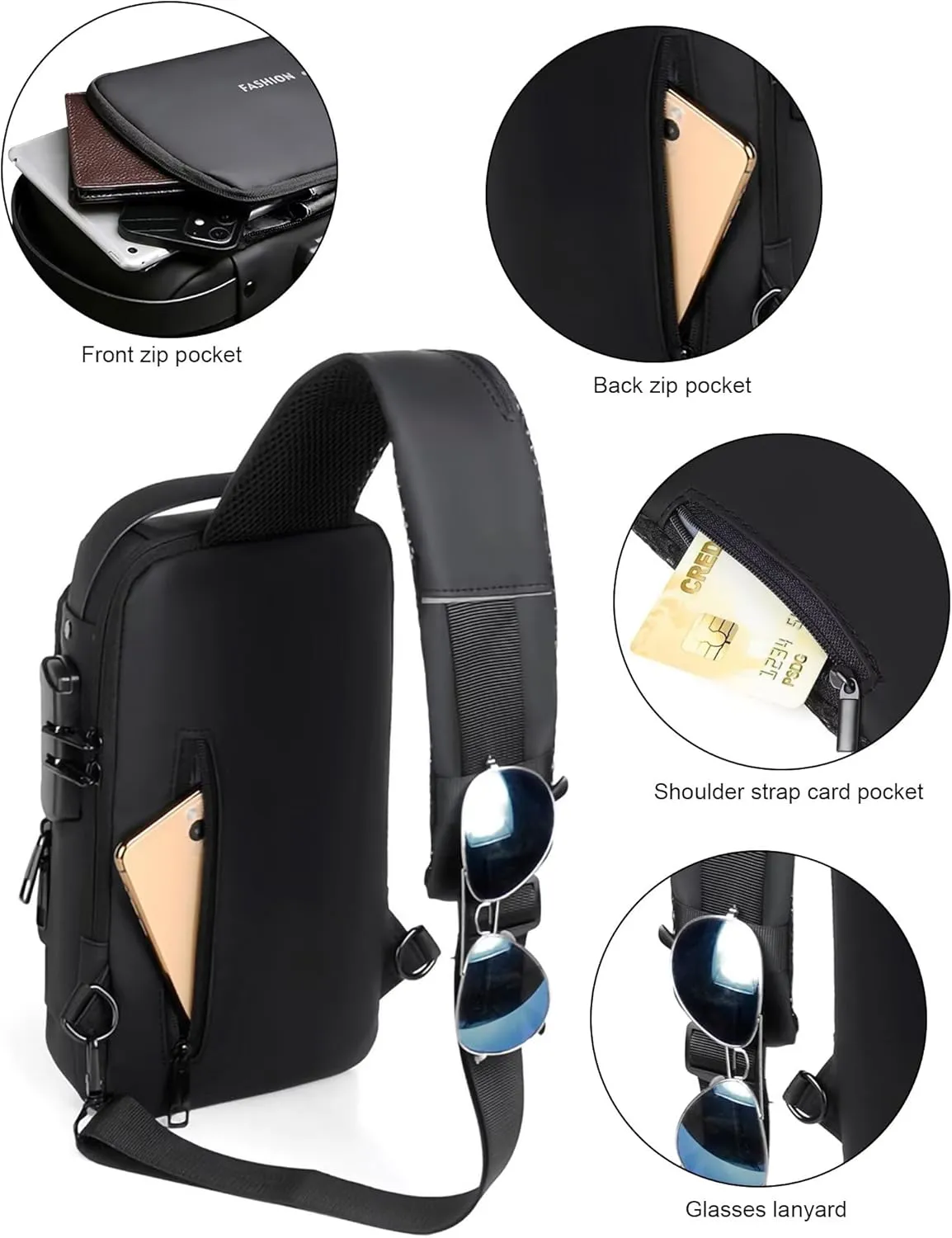 Anti Theft Sling Bag for Men Women, Password Anti-theft Crossbody Bag with USB Charging Port Waterproof Shoulder Bag Crossbody Sling Backpack for Hiking Cycling Running Travel